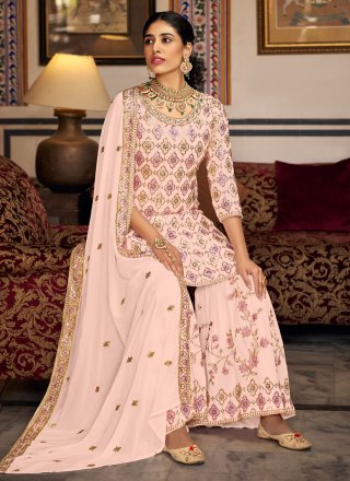 Embroidered and Sequins Work Faux Georgette Salwar Suit In Pink