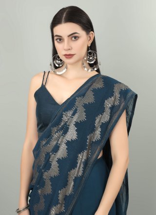 Embroidered and Sequins Work Georgette Contemporary Sari In Teal for Ceremonial
