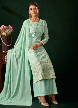 Embroidered and Sequins Work Georgette Palazzo Salwar Suit In Sea Green