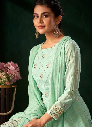 Embroidered and Sequins Work Georgette Palazzo Salwar Suit In Sea Green
