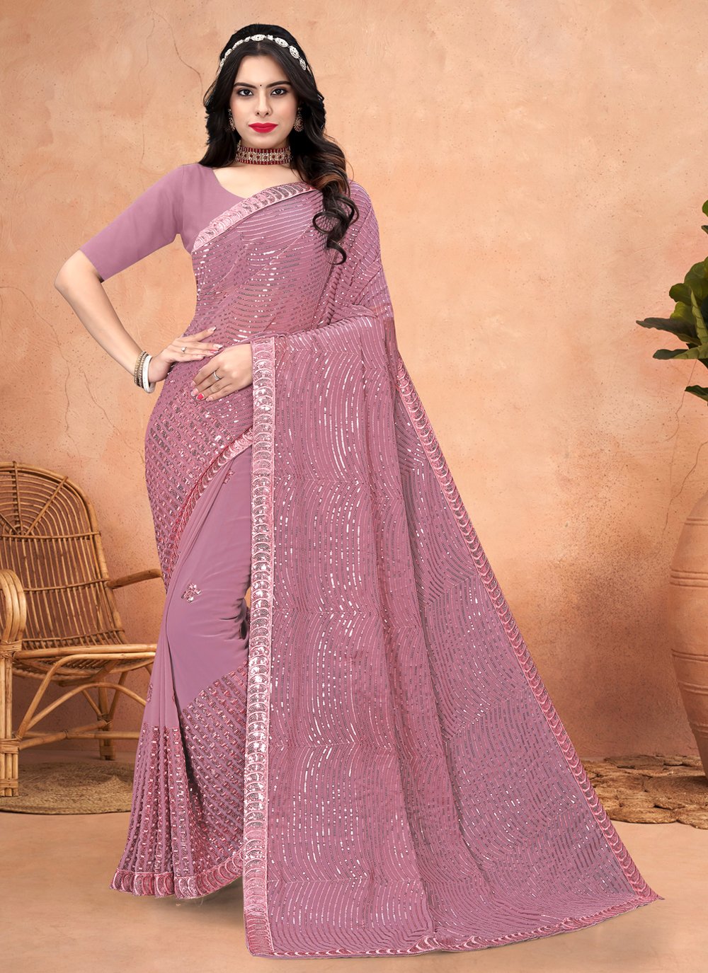 Embroidered and Sequins Work Georgette Trendy Saree In Pink for Ceremonial