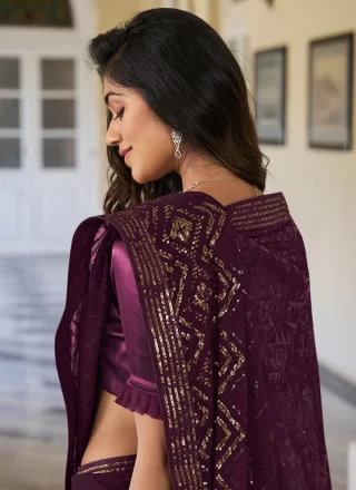 Embroidered and Sequins Work Georgette Trendy Saree In Purple for Ceremonial