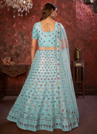 Embroidered and Sequins Work Net Lehenga Choli In Blue