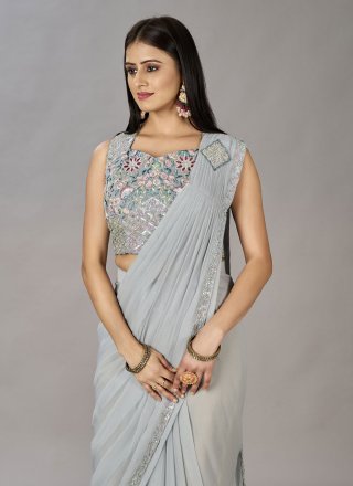 Embroidered and Sequins Work Shimmer Georgette Contemporary Saree In Grey