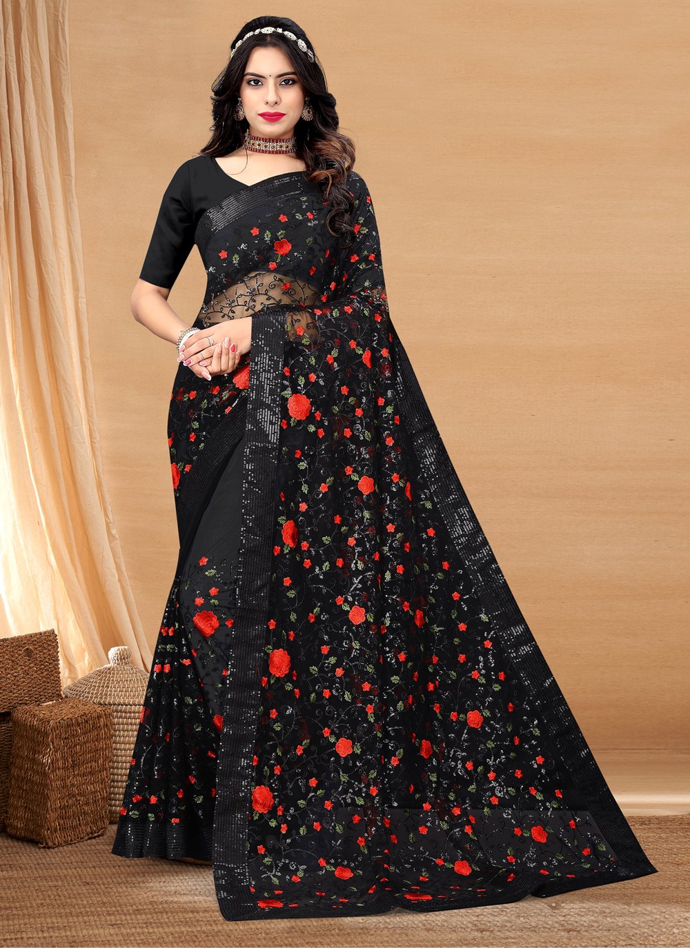 Black Net Classic Saree with Embroidered and Sequins Work for Ceremonial