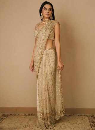Embroidered and Sequins Work Net Classy Designer Saree In Cream