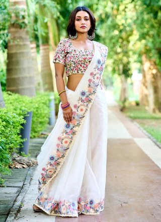 Embroidered and Thread Work Organza Classic Sari In White