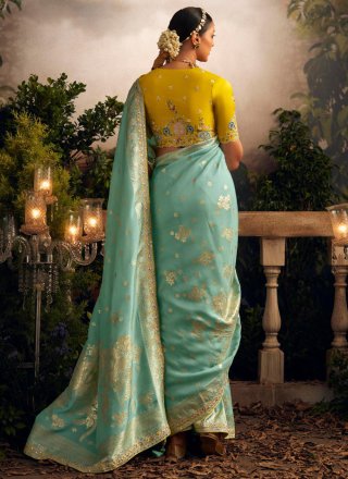 Sea Green Silk Embroidered and Weaving Work Contemporary Sari for Reception