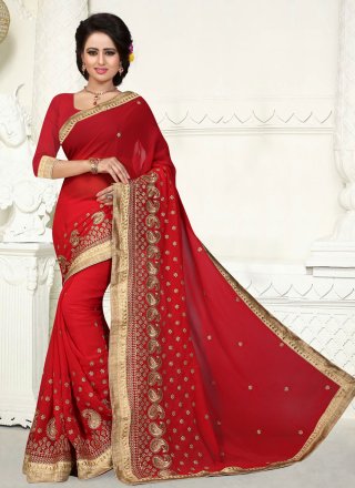 Embroidered and Zari Work Georgette Casual Sari In Red
