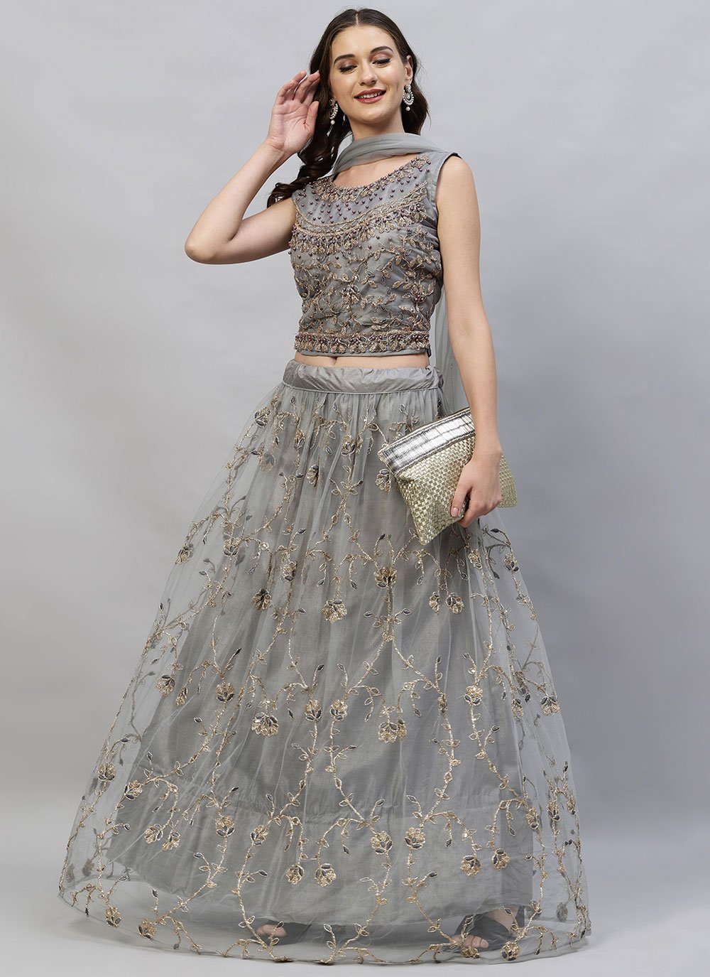 Buy Grey Net zari mirror work wedding lehenga choli at fealdeal.com