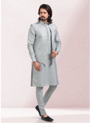 Embroidered Art Banarasi Silk Kurta Payjama With Jacket in Grey