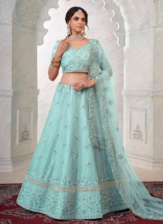 Embroidered Art Silk A Line Lehenga Choli in Aqua Blue