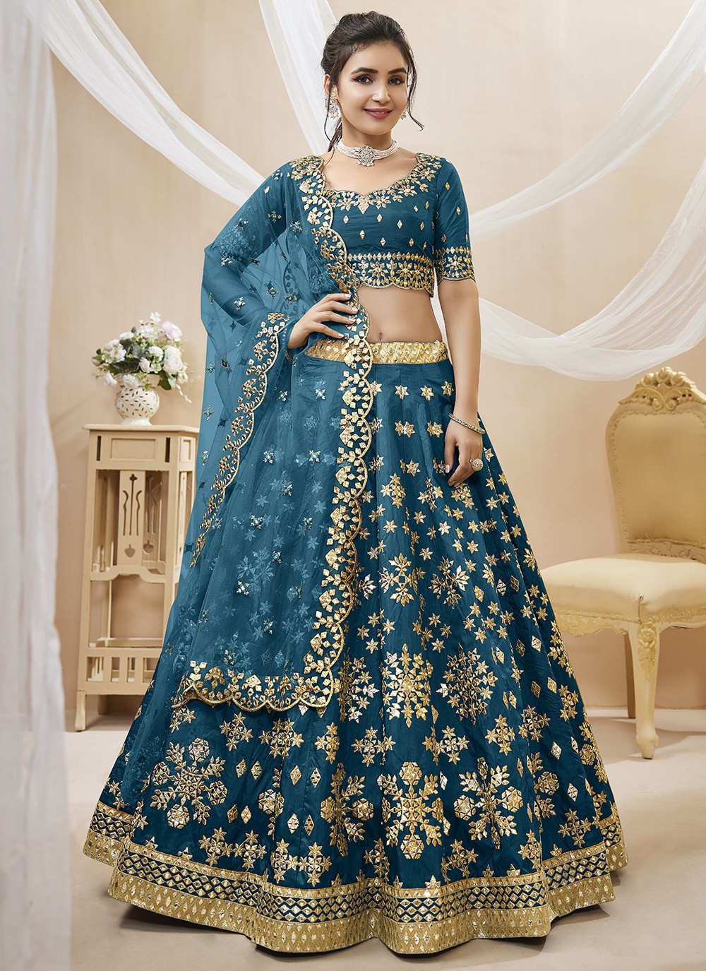 Buy Lace Art Silk Lehenga Choli In Navy Blue And Orange | Wedding Lehenga  Choli
