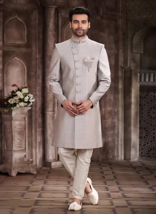 Embroidered Art Silk Indo Western Sherwani in Grey