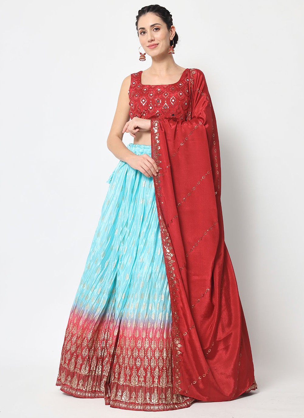Embroidered Blue and Red Chinon Designer Long Lehenga Choli