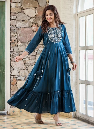Embroidered Blue Readymade Gown