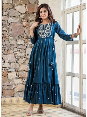 Embroidered Blue Readymade Gown