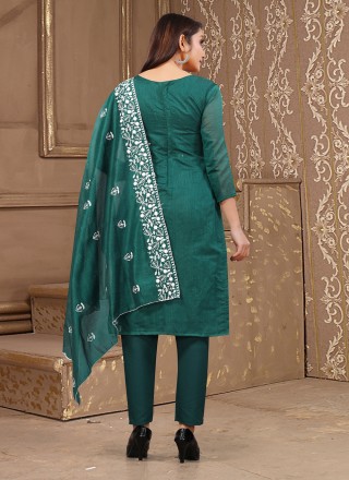 Embroidered Chanderi Cotton Pant Style Suit in Rama
