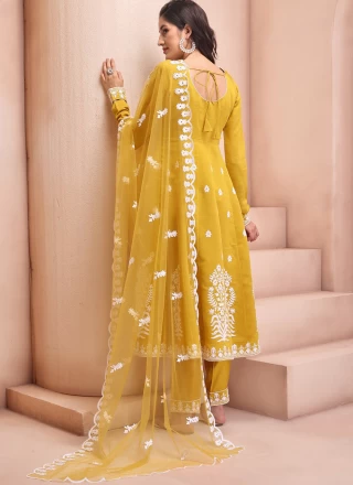 Embroidered Chanderi Mustard Pant Style Suit