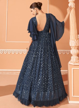 Embroidered Chinon Blue Designer Gown