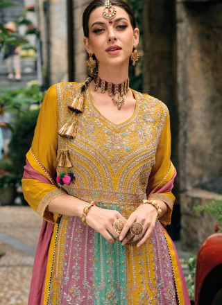 Embroidered Chinon Palazzo Salwar Kameez in Multi Colour
