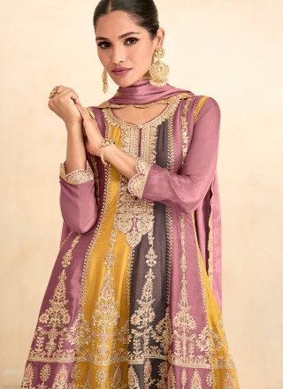 Embroidered Chinon Readymade Salwar Kameez in Multi Colour