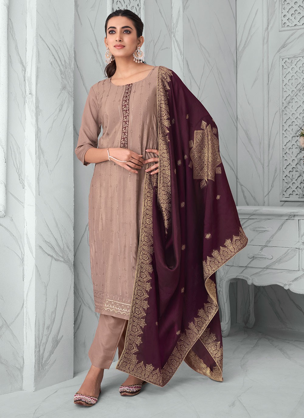 Embroidered Chinon Straight Salwar Suit in Mauve