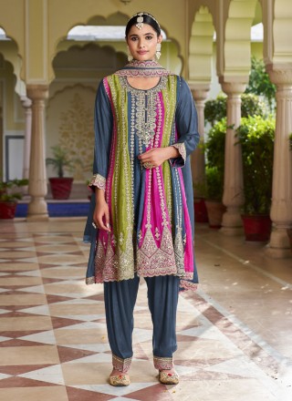 Embroidered Chinon Trendy Salwar Suit in Blue
