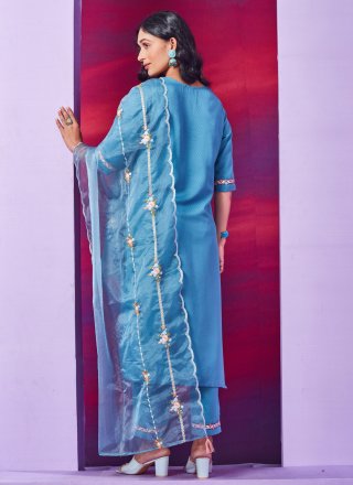 Embroidered Cotton Aqua Blue Readymade Salwar Kameez