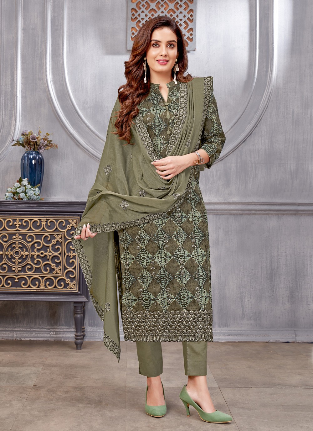 Embroidered Cotton Green Pant Style Suit