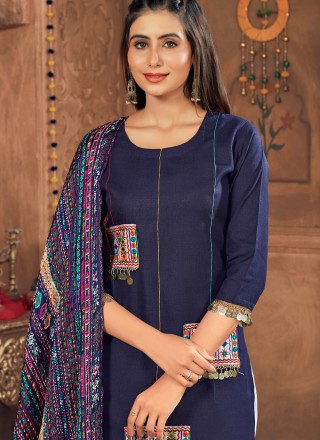 Embroidered Cotton Navy Blue Salwar Suit