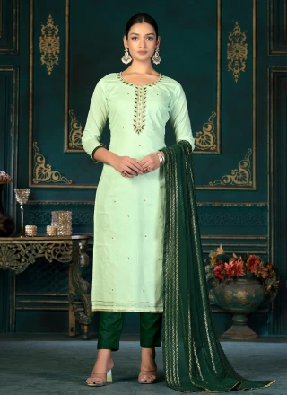 Embroidered Cotton Pant Style Suit in Sea Green