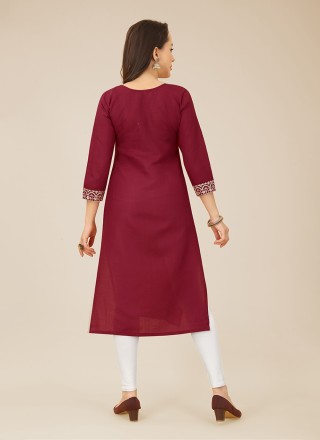 Embroidered Cotton Party Wear Kurti in Maroon