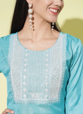 Embroidered Cotton Silk Pant Style Suit in Turquoise