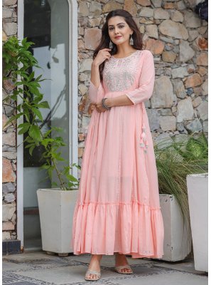 Embroidered Cotton Trendy Gown in Pink