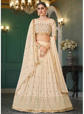 Embroidered Cream A Line Lehenga Choli