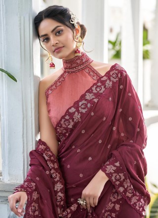 Embroidered Faux Crepe Contemporary Saree in Rust