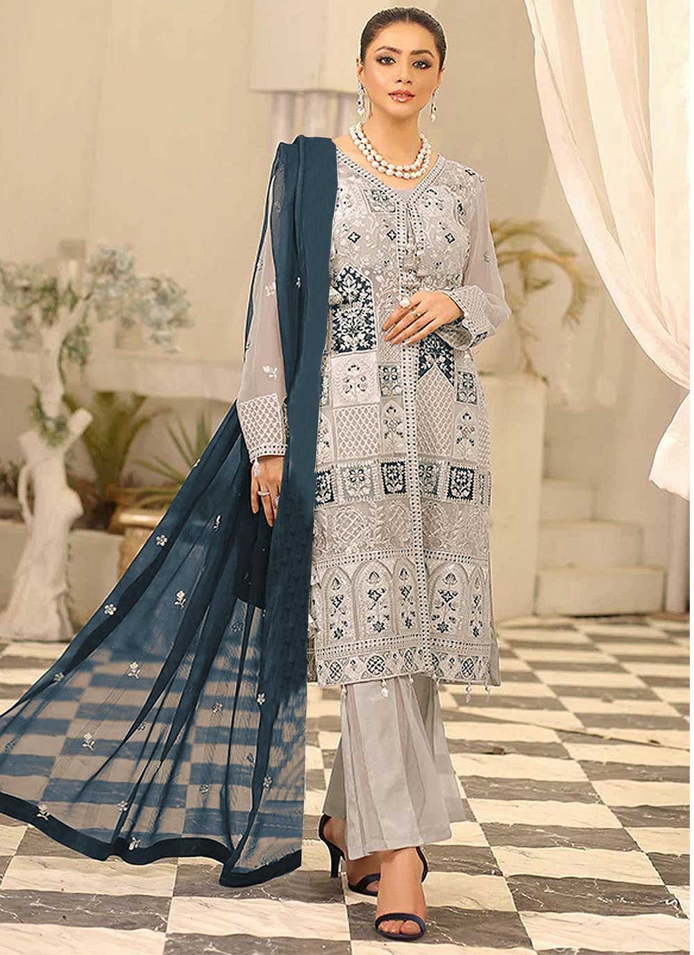 Embroidered Faux Georgette Designer Pakistani Salwar Suit in Grey