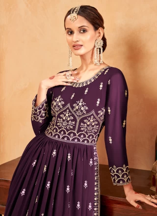 Embroidered Faux Georgette Palazzo Salwar Kameez in Purple