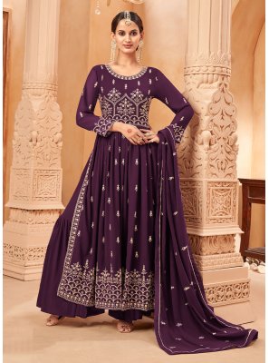 Embroidered Faux Georgette Palazzo Salwar Kameez in Purple