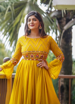 Embroidered Faux Georgette Readymade Gown in Yellow
