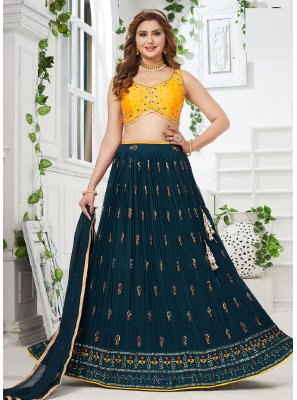 Embroidered Georgette A Line Lehenga Choli in Teal