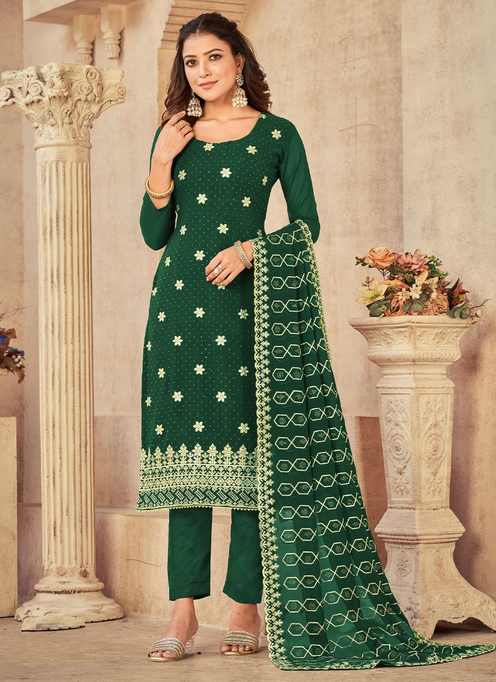 Embroidered Georgette Designer Salwar Suit in Green