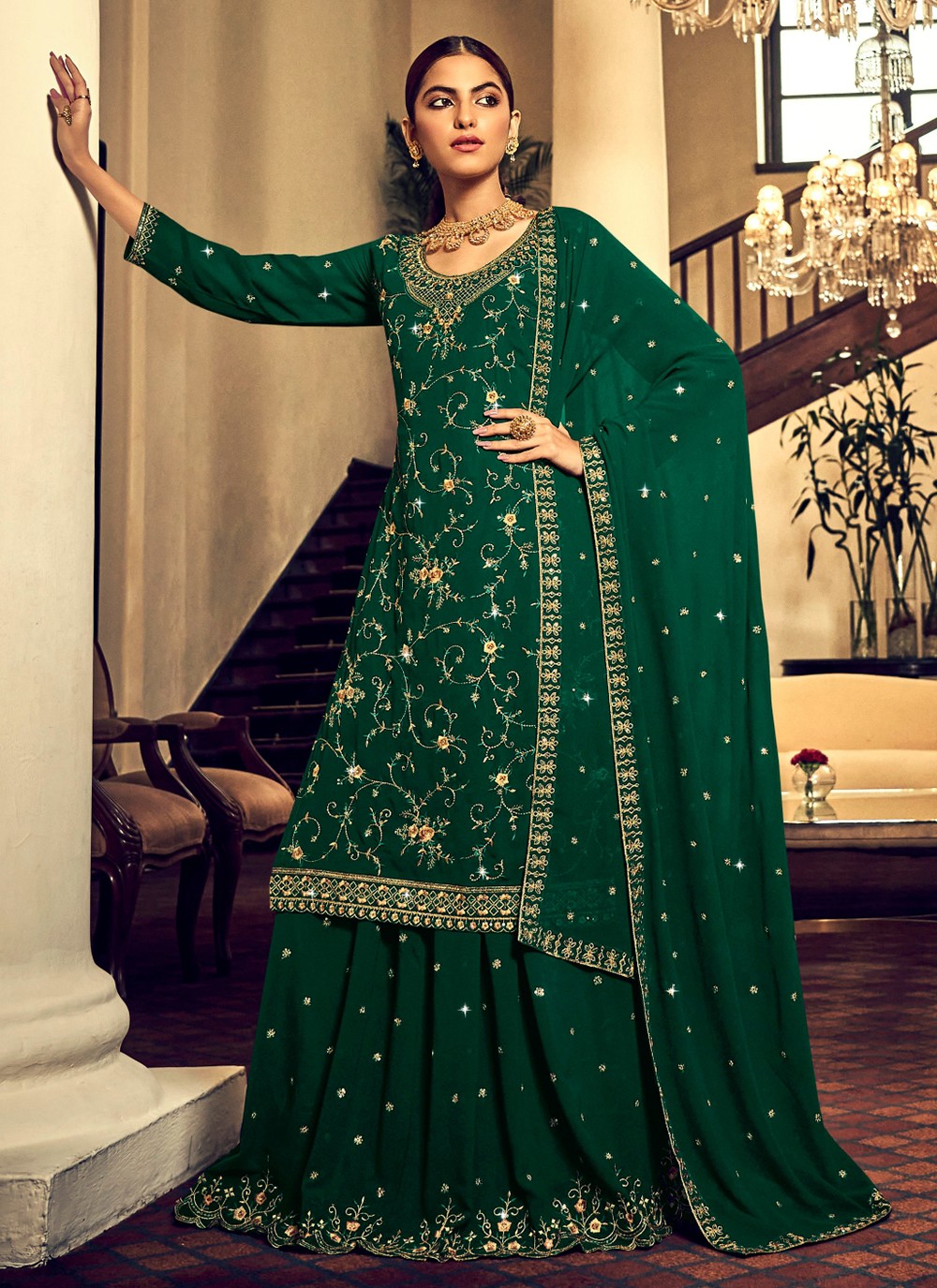 Embroidered Georgette Green Designer Lehenga Choli