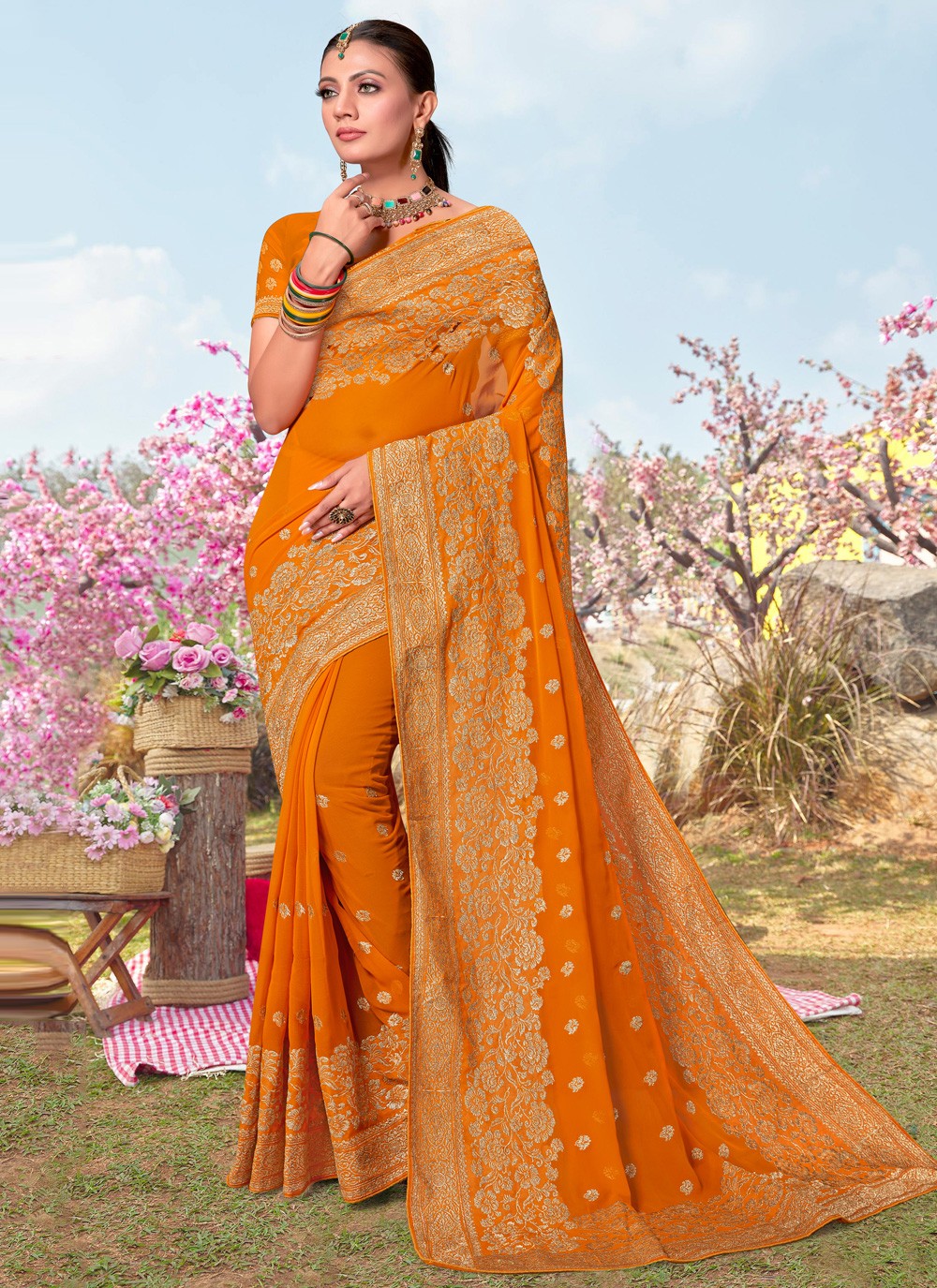 Buy Mustard Yellow Georgette Saree Online