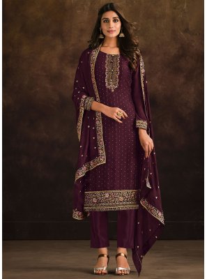 Embroidered Georgette Purple Long Length Salwar Kameez