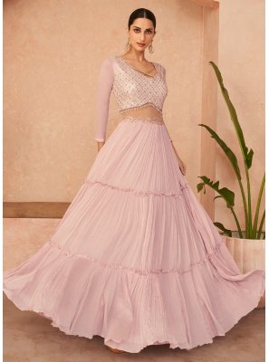 Embroidered Georgette Readymade Gown in Rose Pink