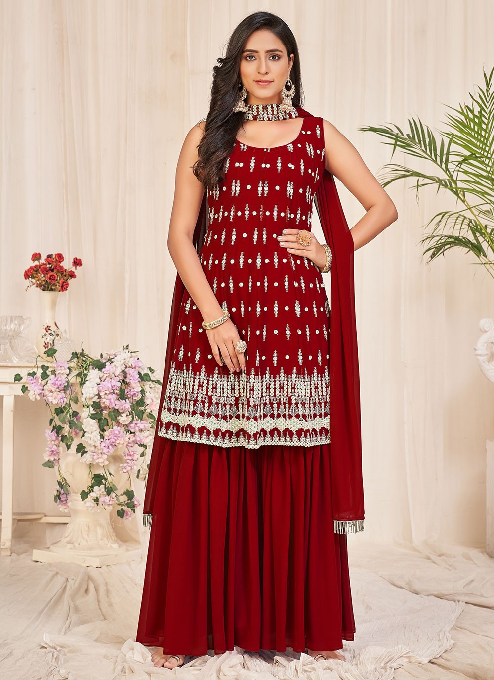 Embroidered Georgette Sharara Set in Maroon