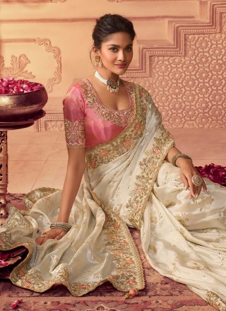 Embroidered Georgette Traditional Saree in Off White