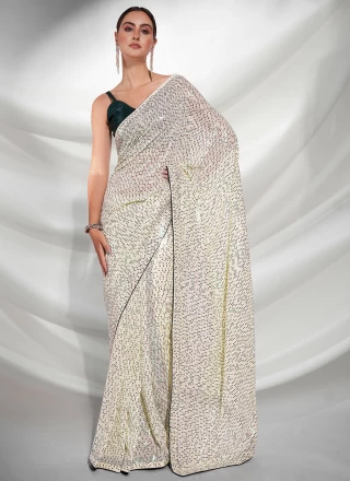 Embroidered Georgette Trendy Saree in Off White